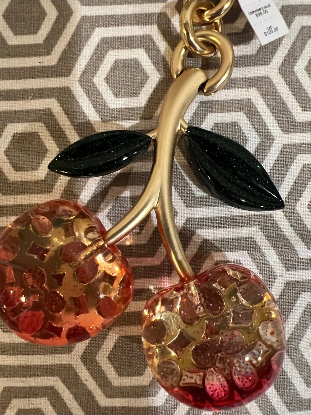 COACH Gold Cherry Charm Keyring with Red Sequin Cherries and Green Leaves